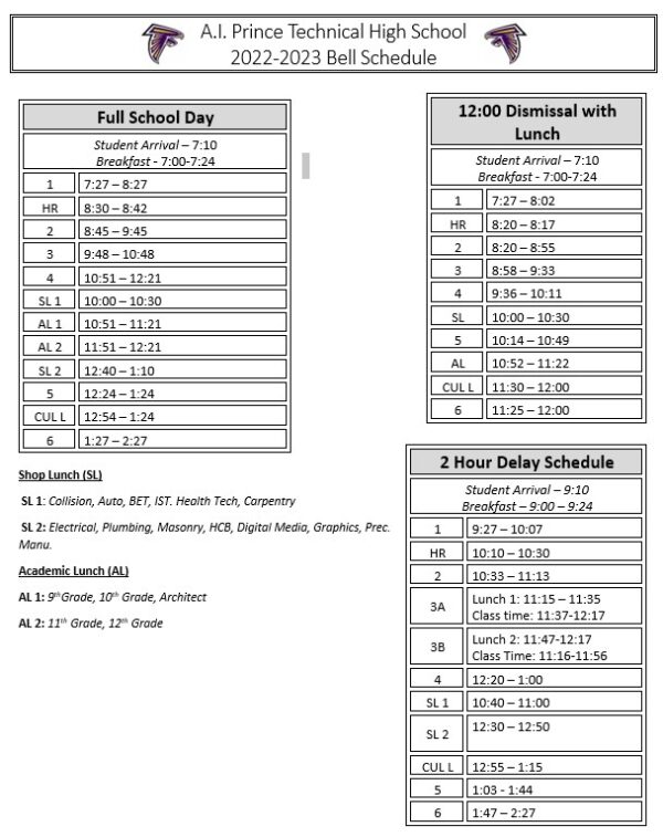 Prince Tech Bell Schedule 20222023 A.I. Prince Technical High School