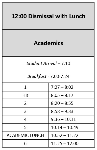 Academic Schedule Half Day