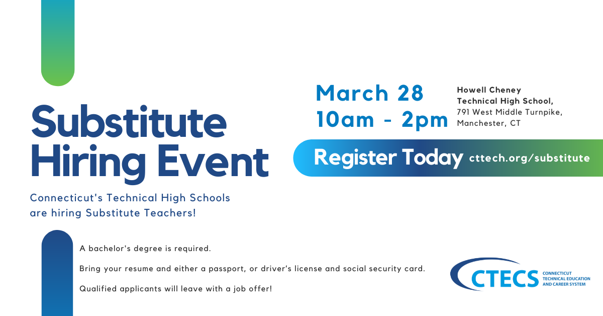 Substitute Teacher Hiring Event, 10am-2pm, March 28, 2024