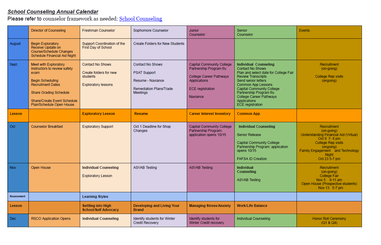 Counseling Calendar Page 1 School Counseling Calendar Page 1
