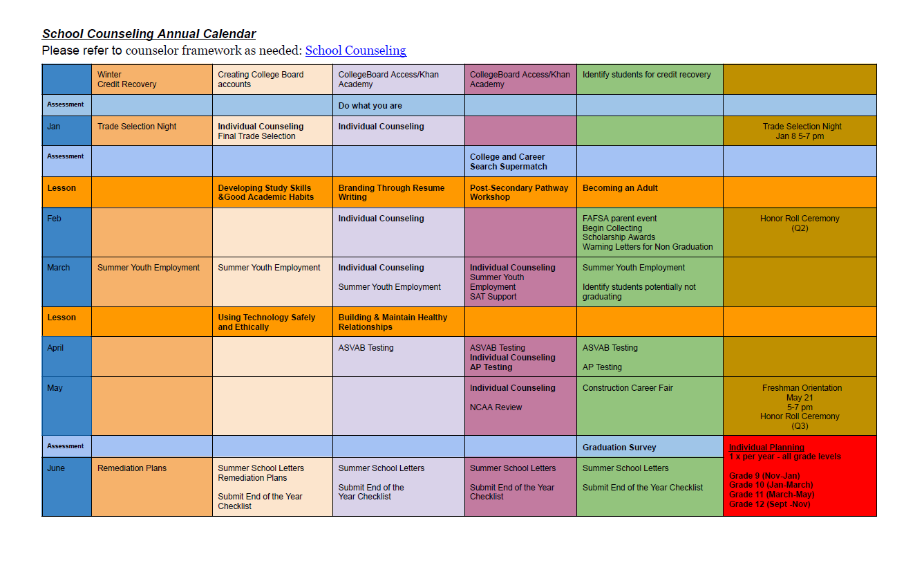 Counseling Calendar Page 2 School Counseling Calendar Page 2